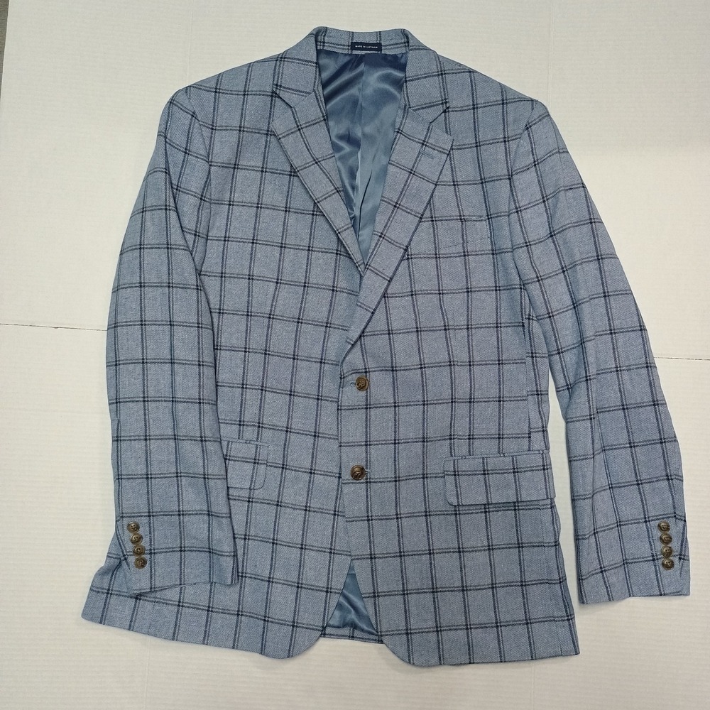 Stafford Blue Plaid Blazer Jacket Linen Blend Classic Fit Signature 42 Regular